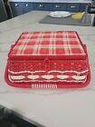 Vintage Sewing Basket Box Red Checkered  Woven Wicker Wooden Bottom Japan