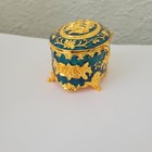 Vintage Style Blue teal Trinket Jewelry Box Gold Flower Accents 