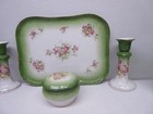 Antique Victorian Dresser Vanity Set Green Hb Limoges France Tray Box Candle Set