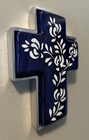 Vintage Ceramic Tile Metal Floral Hanging Wall Cross Blue   White Christian 6   