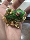 Metal Frog Trinket Box Hinged Lid Green Enamel Gold Tone Red Rhinestones