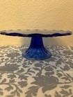 Vintage Cobalt Blue Pressed Glass Cake Stand Decorative Round Glossy 