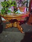 Antique Victorian Round Marble Top Accent Table With Carved Wood Base