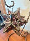 Vtg Moravian Star Hanging Light  Lantern Candle Holder Metal Purple Etched Glass