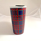 Starbucks 2017 Red Blue Plaid Tartan Ceramic Travel Tumbler 11 Oz Mug Cup W  Lid