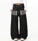 Women s Black Denim Jeans Straight Wide Leg Casual Pants Printed Trousers Hippie