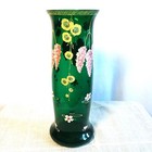 Antique Art Nouveau Green Glass Vase 13  Large Enameled - Bohemian - Wisteria