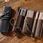 Vintage Cowhide Leather Pen Pouch Roll-up Pencil Case Bag Stationery Storage New