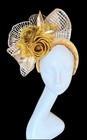 Gold Fascinator With Ivory Straw Bow  Marigold Colored Silk Flowers