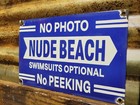 Vintage Nude Beach Porcelain Sign Old No Photos Swimsuit Optional Ocean Patrol