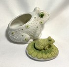 Lefton China Porcelain Frog Trinket Box With Tiny Frog On Lid Molded Flowers