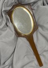 Vintage Hand Mirror  Bakelite Celluloid Art Deco Vanity Dresser 13  Green   Gold