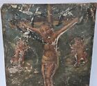 Antique Mexican Retablo Jesus Christ s Crucifixion On  Cross Oil Painting On Tin