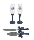 Navy Glitter Toasting Flutes And Cake Knife Server Set  Wedding Gift