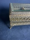 Mid Century Vintage Ormolu Filigree Jewelry Box Brass With Beveled Glass  r30