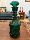 Fancy Vintage Emerald Green Glass Embossed Decanter W  Stopper  11 25  Tall