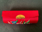 Women Floral Embroidered Hot Pink Lipstick Lip Stick Case Holder Box W Mirror