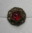 Victorian Czech Red Glass Set On Brass Button Rose Design Double Ring Shank