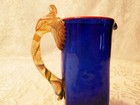 Vtg Cobalt Blue Glass Pitcher W  Decorative Handle  Signed  4 75  