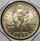 Us Philippines 1944 D 20 Centavos Denver Bu Uncirculated  75 Silver Coin Mxd4h