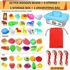 46 Pcs Montessori Wooden Lacing Beads Toys For Toddlers educational Stringing   