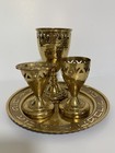 Israel Jewish Judaica Kiddush Goblet Cup Tray Candlestick Shabbat Gold Metal Set
