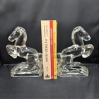 Le Smith Clear Glass Rearing Horse Bookends Circa 1940 s 7 5  X 4 75  Vtg Read