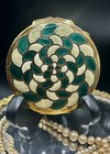 Vtg Italy Gold Guilloche    emerald Green Powder Compact Porcelain Enamel Case