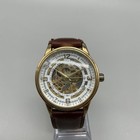 Akribos Xxiv Mens Watch 41mm Skeleton Gold Tone Dial Leather Automatic Dress