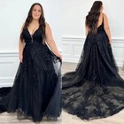 Gothic Wedding Dresses V Neck Straps Sequin Black Backless Tulle Bridal Gowns