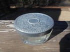 Vintage Antique Heavy Glass  cold Cream   Vanity Jar With Ornate Pewter Lid