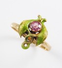 Antique 14k Gold Art Nouveau Green Enamel Pink Paste Stone Flower Ring Size 6 75