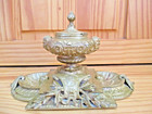Ornate Antique Art Nouveau Solid Brass Hinged Inkwell Beautiful    