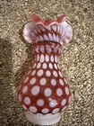 Cranberry And White Coin Dot Vase With Ruffled Edge