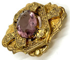 Antique Victorian Brass Gold Tone Floral Pin Amethyst Glass  Brooch Purple Stone