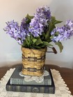 Handmade Basket Woven Wicker  Bicolor  Metal Wood Handle  5 In  Vintage  Country