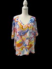 Vintage Retro 70s Flower Print V Neck Short Sleeve Oversized Tunic Top Blouse S