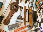Large Vintage Junk Drawer Lot Brass Hardware Tools Clock Keys Glass Knob Mortiss
