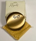 Rare Vtg Nos Mcm Royale Powder Compact Mirror Brushed Gold Tone Crown Bow Makeup