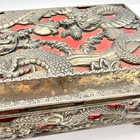 Vtg Made In Japan Repousse Dragon Silver Tone Music Jewelry Box Mirror As-is