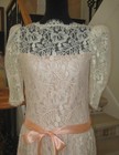 Vtg Dessy Creations Overlay Ivory Lace Peach Lined Puff Sleeve Dropwaist Dress 8