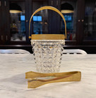 Vintage Cut Crystal Ice Bucket With Brass Tone Rim  Handle   Tongs   8 3 4  Tall