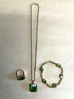 Vintage Gold Plated Sterling Silver 925 Green Glass Necklace Bracelet Ring Set