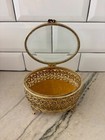 Vintage Footed Gold Filigree Ormolu Oval Jewelry Box Casket Beveled Glass Top