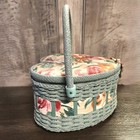 Vtg Heart Shaped 80s Sewing Basket Blue Wicker Handle Storage Box Cottagecore