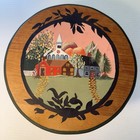 Vtg Hand Painted Wood Milking Stool Foot Plant Stand Handmade Small Town Scene