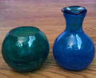 Vtg Crackle Glass Vase Bud Flower 2 Cobalt Blue Green Jewel Tone Mcm Art Deco 
