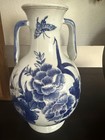Chinese Blue   White Porcelain Vase Dual Handles Floral Butterfly Marked Base