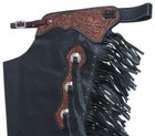 Western Chinks Chaps - Floral Tooled Yoke Smooth Black Leather - S m l xl