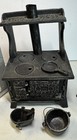 Vintage Antique Cast Iron Stove Toy  With Pots And Barrel Stove